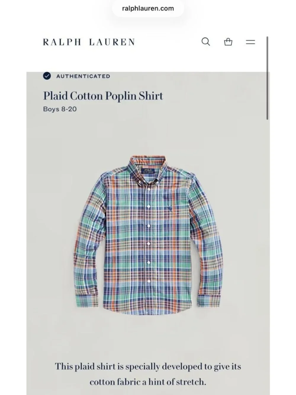 Ralph Lauren LARGE 14-16 Polo Plaid Cotton Poplin Buttondown Stretch Shirt NEW